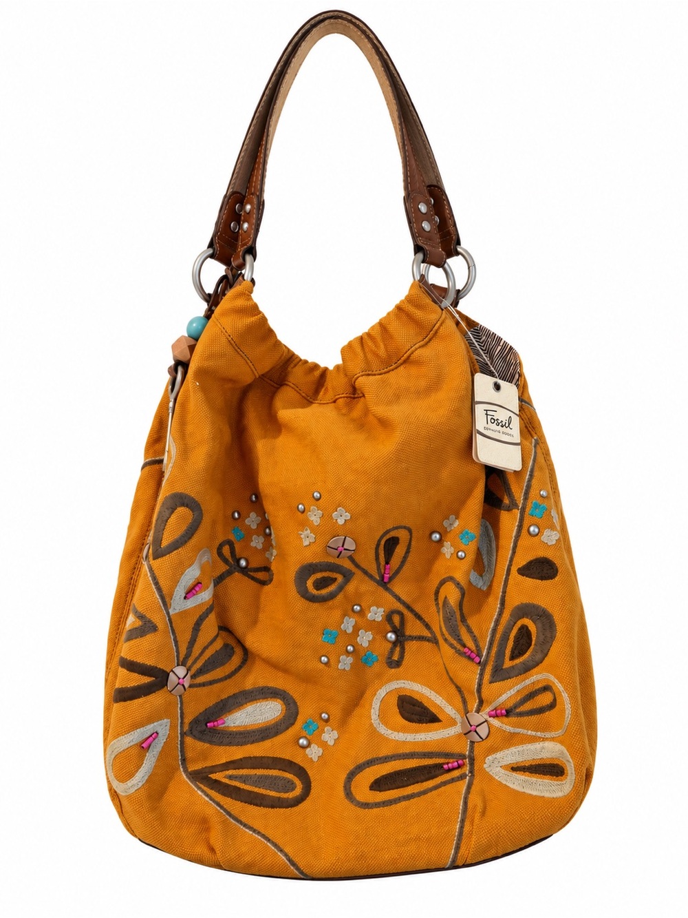 Fossil Embroidered Mustard Canvas Shoulder Bag with Leather Handles NWT!